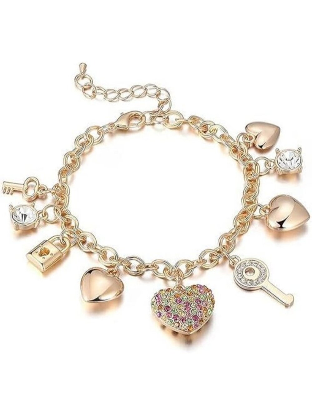 Multicolor Crystal Love Locked Gold Charm 7"+ 2" Extender 14K Gold Love Bracelet